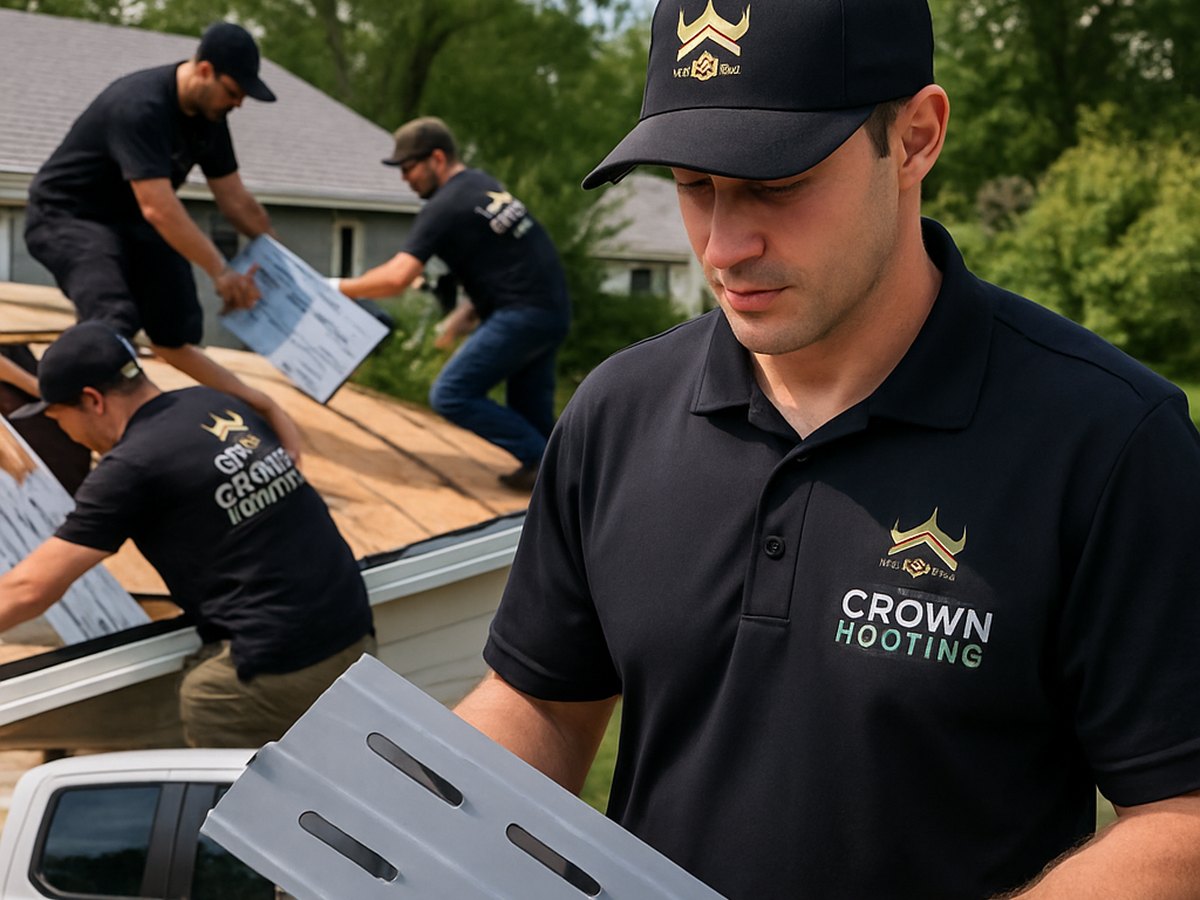 Crown Roofing & Exteriors crew installing attic baffles, with branded uniforms and truck visible