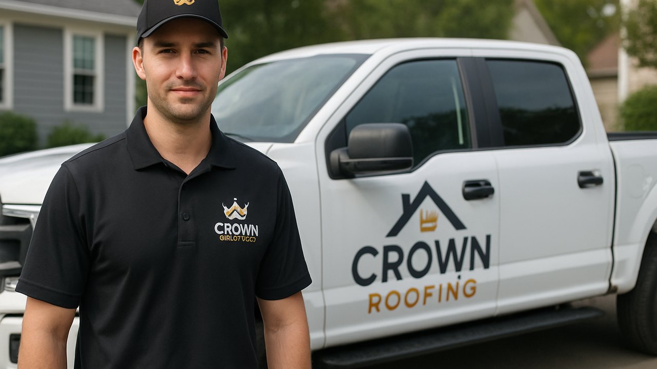 Crown Roofing & Exteriors technician in uniform with logo, truck at a Connecticut home