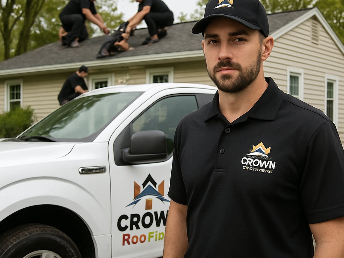 Crown Roofing & Exteriors crew working on Connecticut roof with branded truck and uniforms