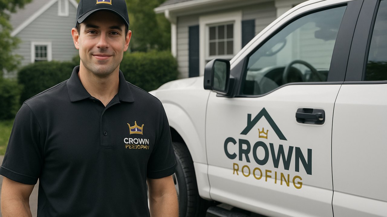 Crown Roofing & Exteriors technician at Connecticut home with branded uniform and truck