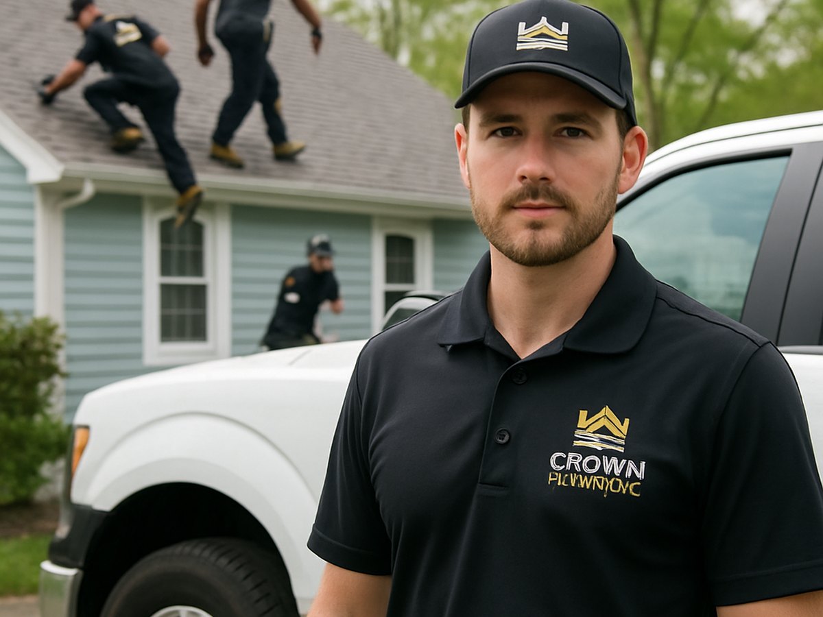 Crown Roofing & Exteriors crew installing attic baffles on Connecticut roof with branded truck visible
