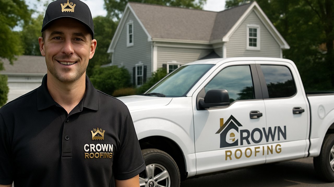 Crown Roofing & Exteriors technician with branded uniform and truck at Connecticut home