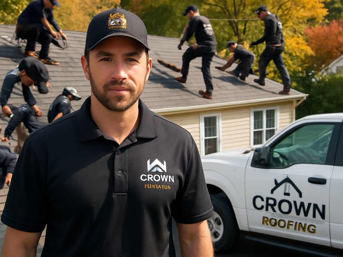 Crown Roofing & Exteriors crew working on Connecticut roof with branded truck and uniforms visible