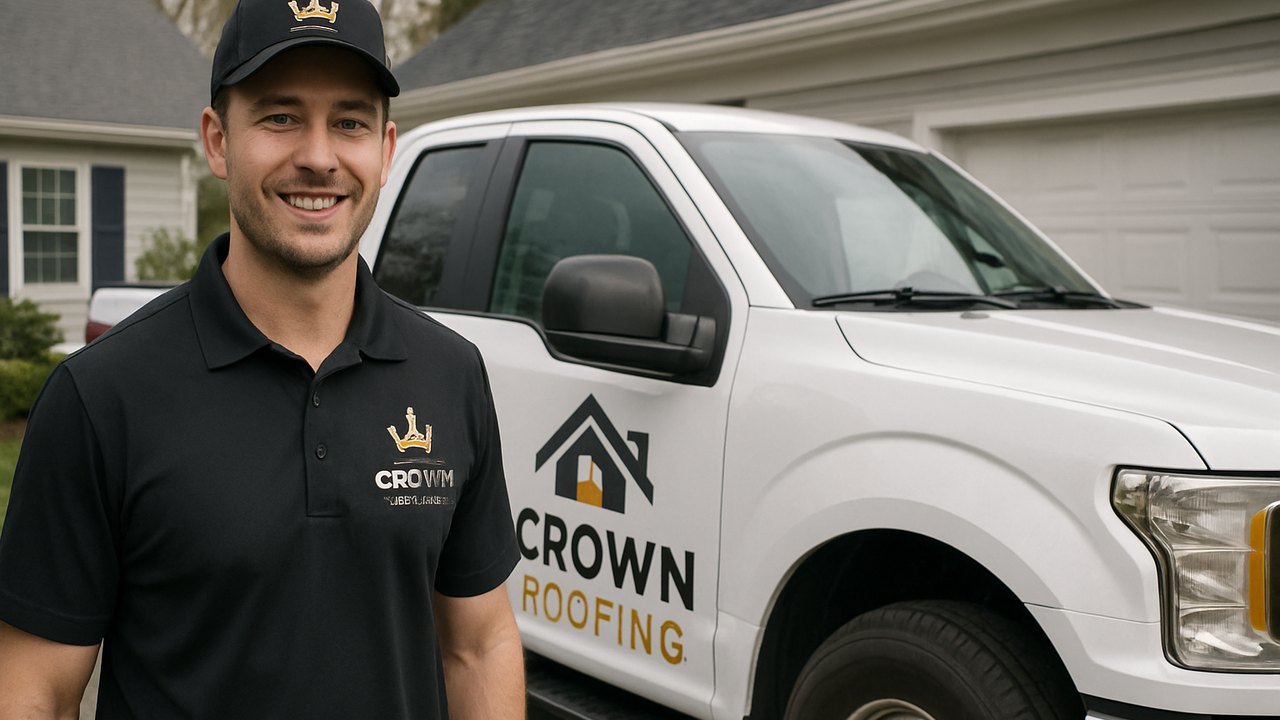 Crown Roofing & Exteriors technician in branded uniform and logo truck in Connecticut