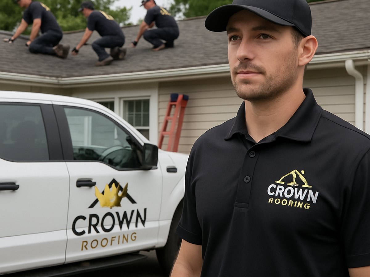 Crown Roofing & Exteriors crew working on Connecticut roof with branded uniforms and truck