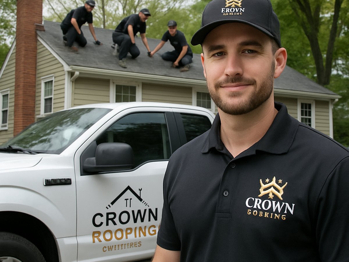 Crown Roofing & Exteriors crew working on Connecticut roof with branded uniforms and truck