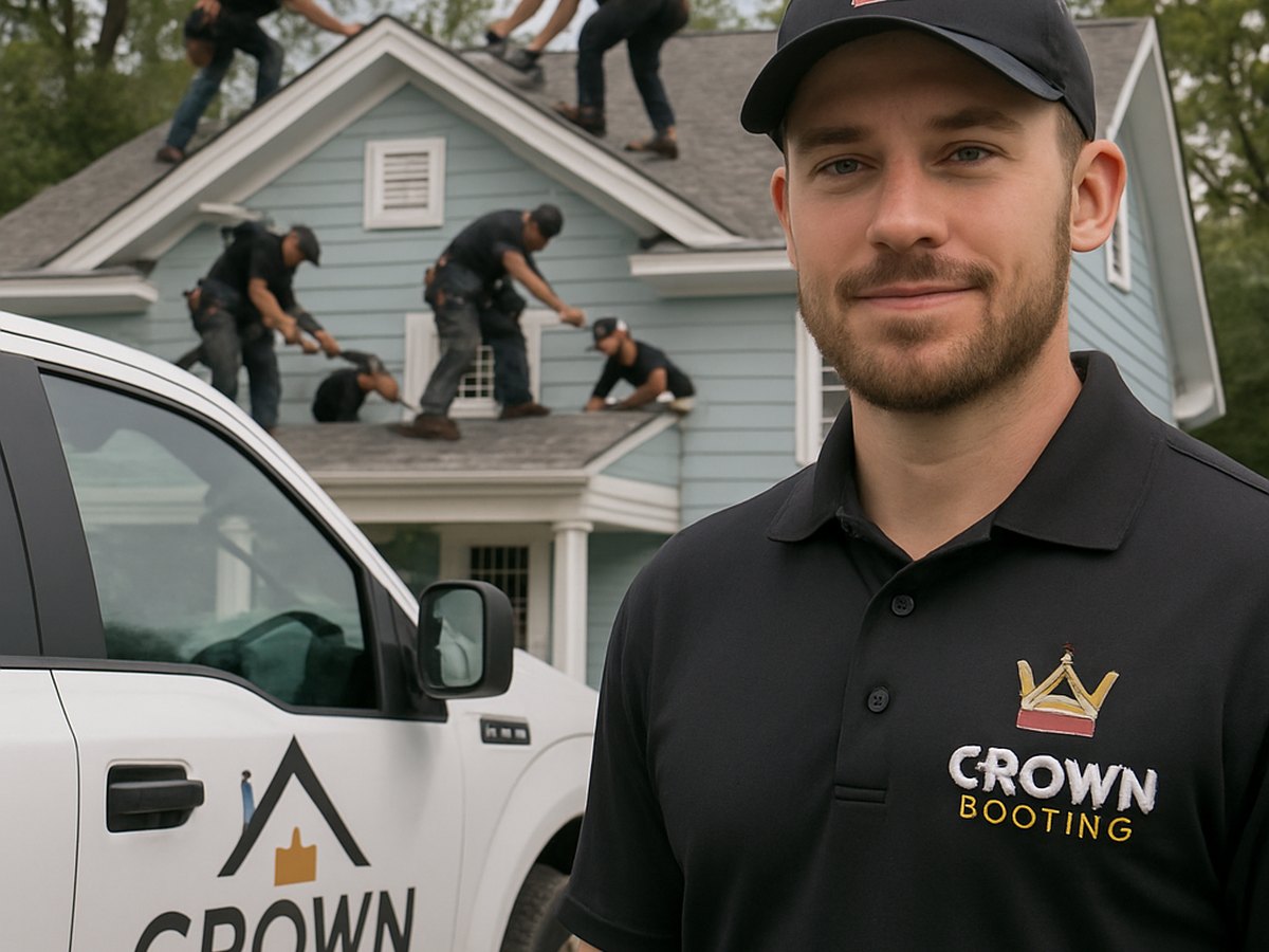 Crown Roofing & Exteriors crew in full uniform with branded truck at Connecticut roof