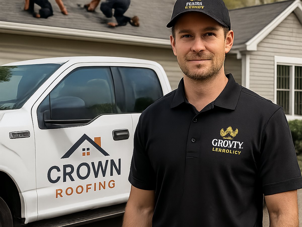 Crown Roofing & Exteriors crew working on a roof with branded uniforms and truck in Connecticut