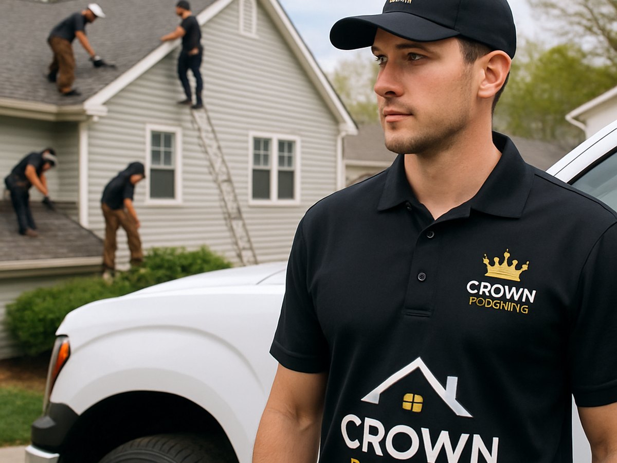 Crown Roofing & Exteriors crew working on roof with branded uniforms and truck in Connecticut