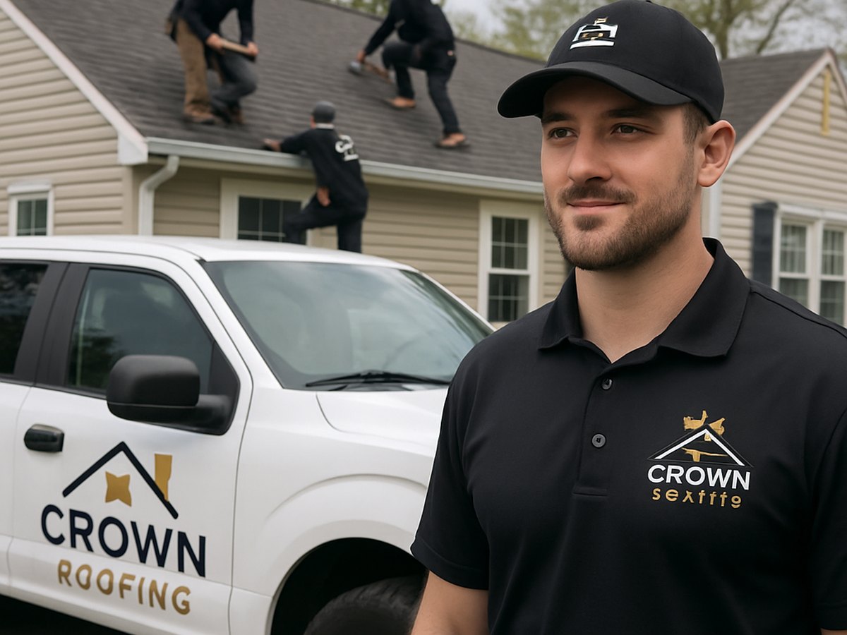 Crown Roofing & Exteriors crew working on Connecticut roof with branded uniforms and truck
