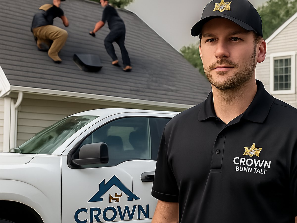 Crown Roofing & Exteriors crew working on roof ventilation in Connecticut, uniforms and truck visible