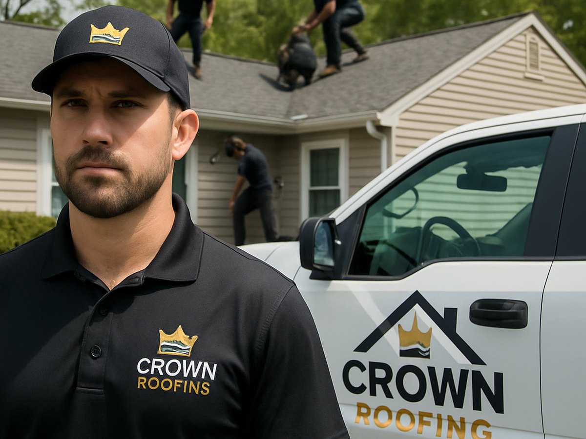 Crown Roofing & Exteriors crew working on a roof with branded uniforms and company truck visible