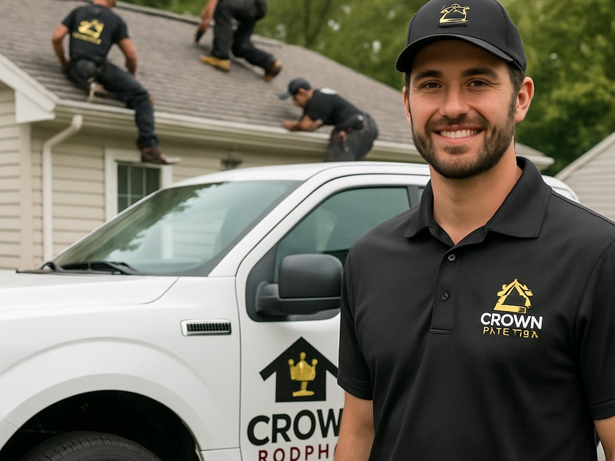 Crown Roofing & Exteriors crew working on residential roof with company-branded truck visible