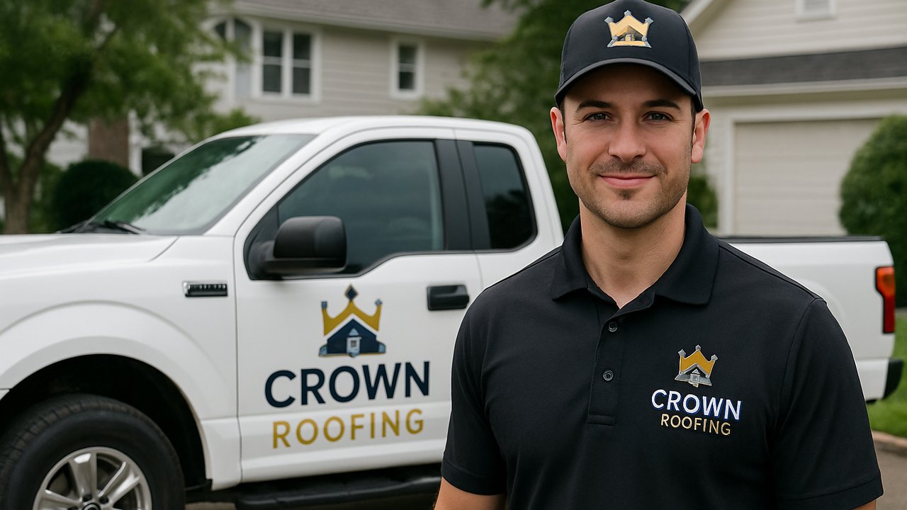 Crown Roofing & Exteriors technician in uniform and branded truck at Connecticut home