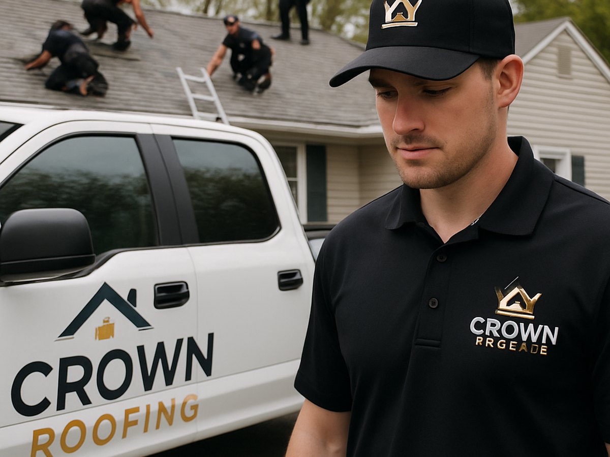Crown Roofing & Exteriors crew repairing a Connecticut roof with branded truck and uniforms visible