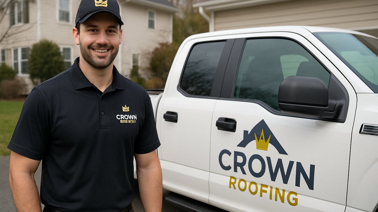 Crown Roofing & Exteriors technician in branded uniform and truck inspecting a Connecticut roof