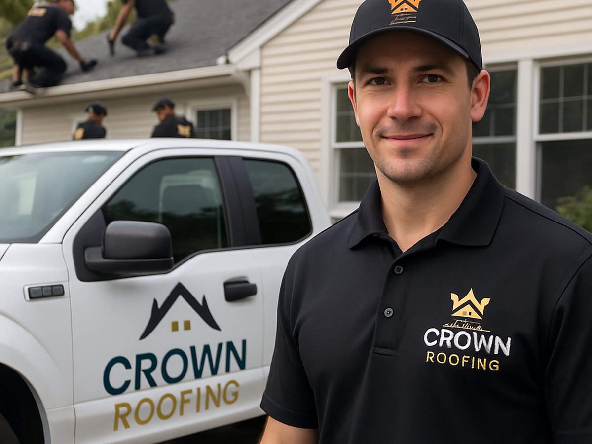 Crown Roofing & Exteriors crew on roof with branded uniforms and truck visible