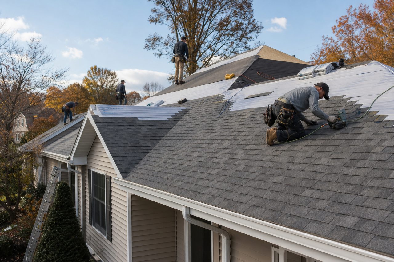 Crown Roofing & Exteriors crew installing a new asphalt shingle roof on a Connecticut home under clear autumn skies