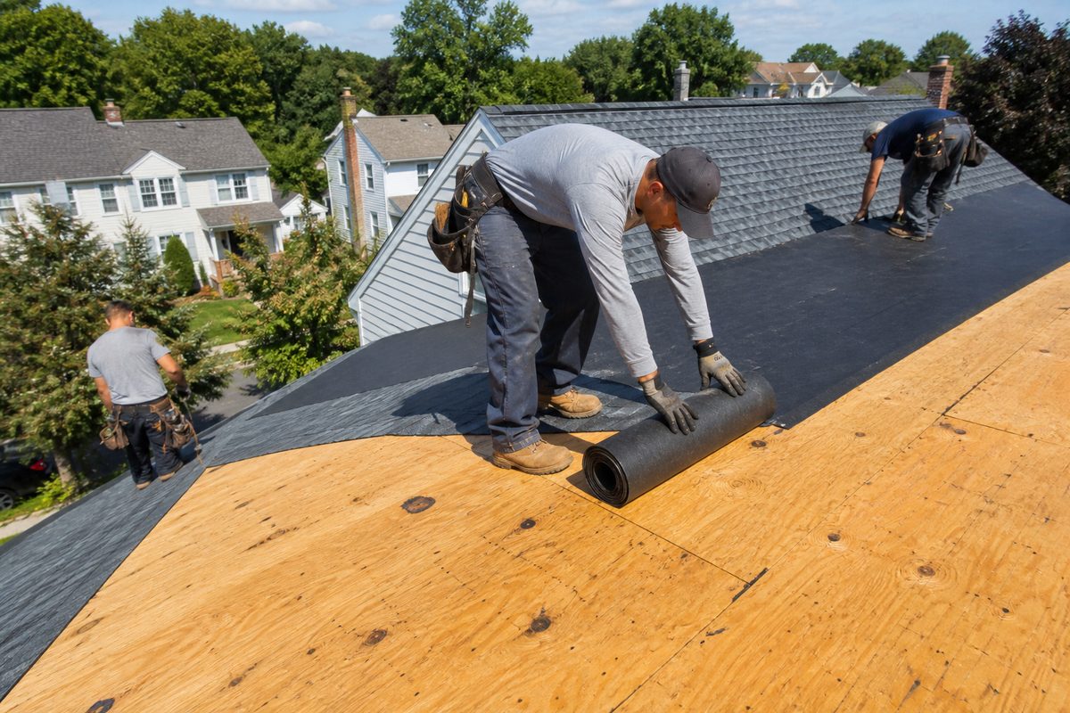 Crown Roofing & Exteriors roofers laying new shingles and ice-and-water barrier during a Connecticut roof replacement