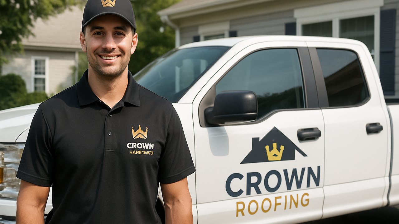 Crown Roofing & Exteriors technician and branded truck at a Connecticut home