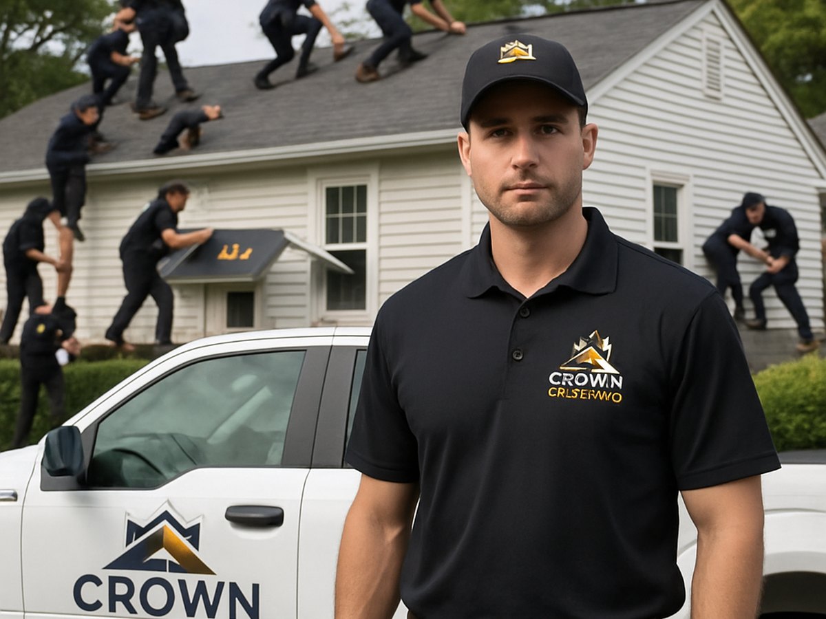 Crown Roofing & Exteriors crew repairing roof with branded uniforms and truck visible