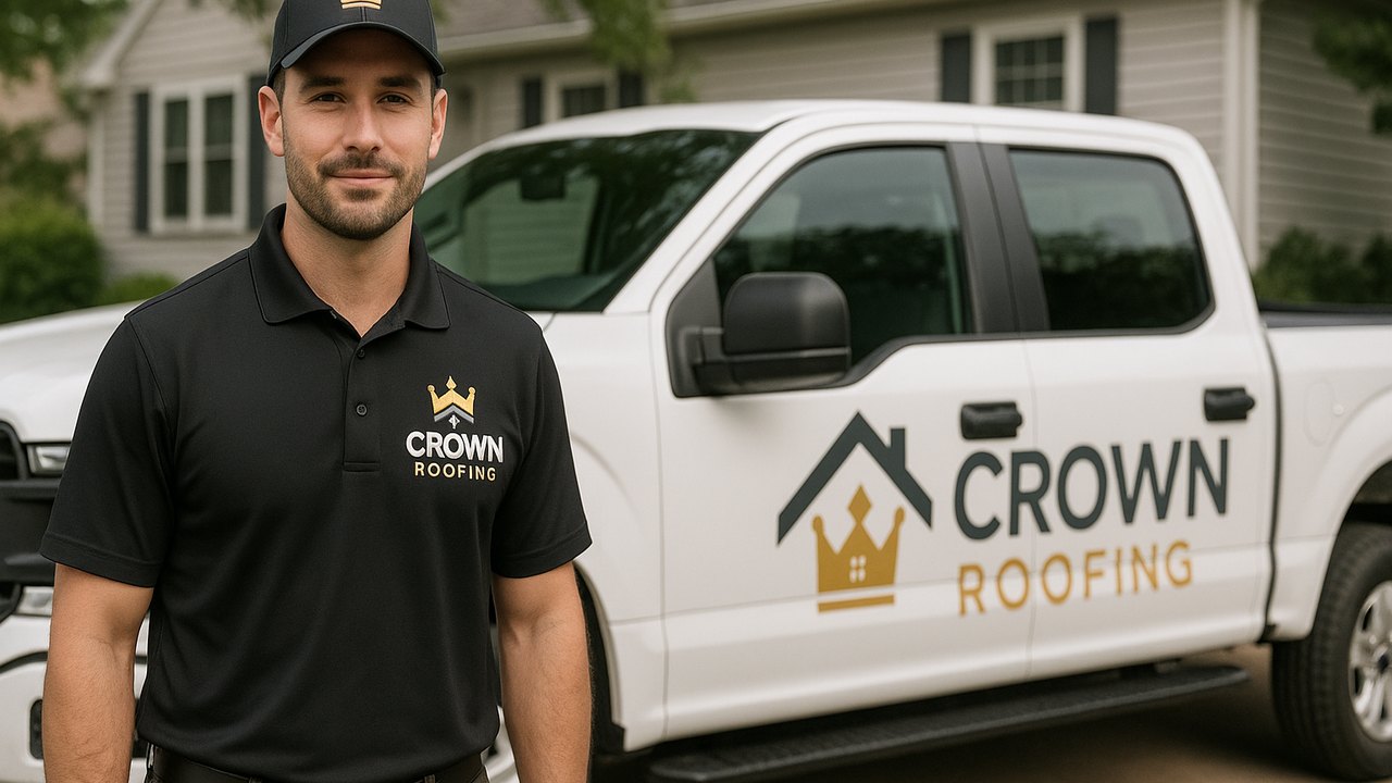 Crown Roofing & Exteriors technician in branded uniform and truck at Connecticut home