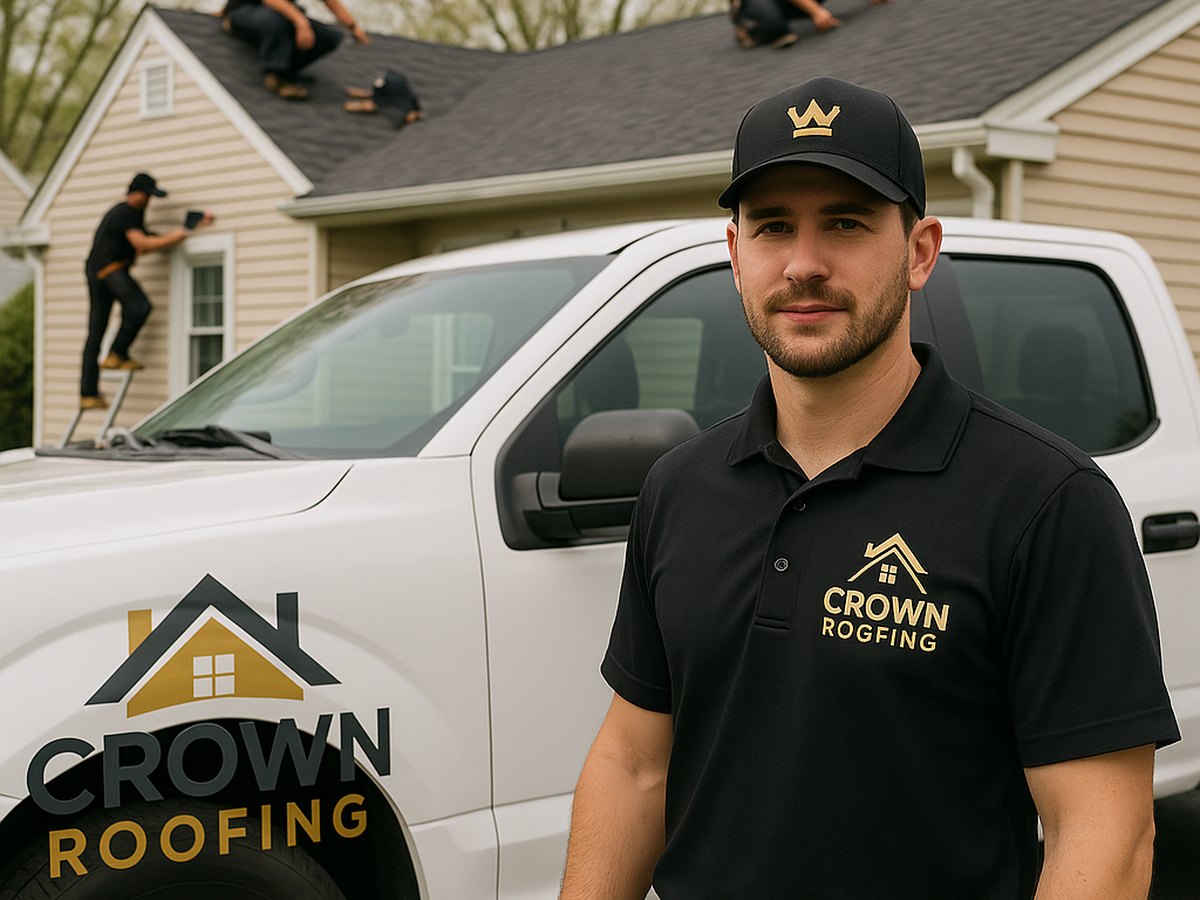 Crown Roofing & Exteriors crew working on a Connecticut roof with branded truck and uniforms