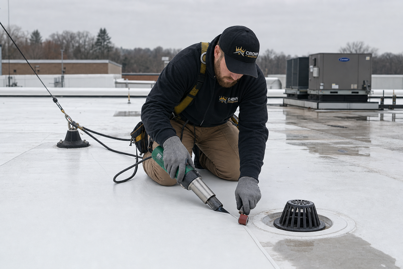 Crown Roofing technician clearing a commercial roof drain with branded uniform