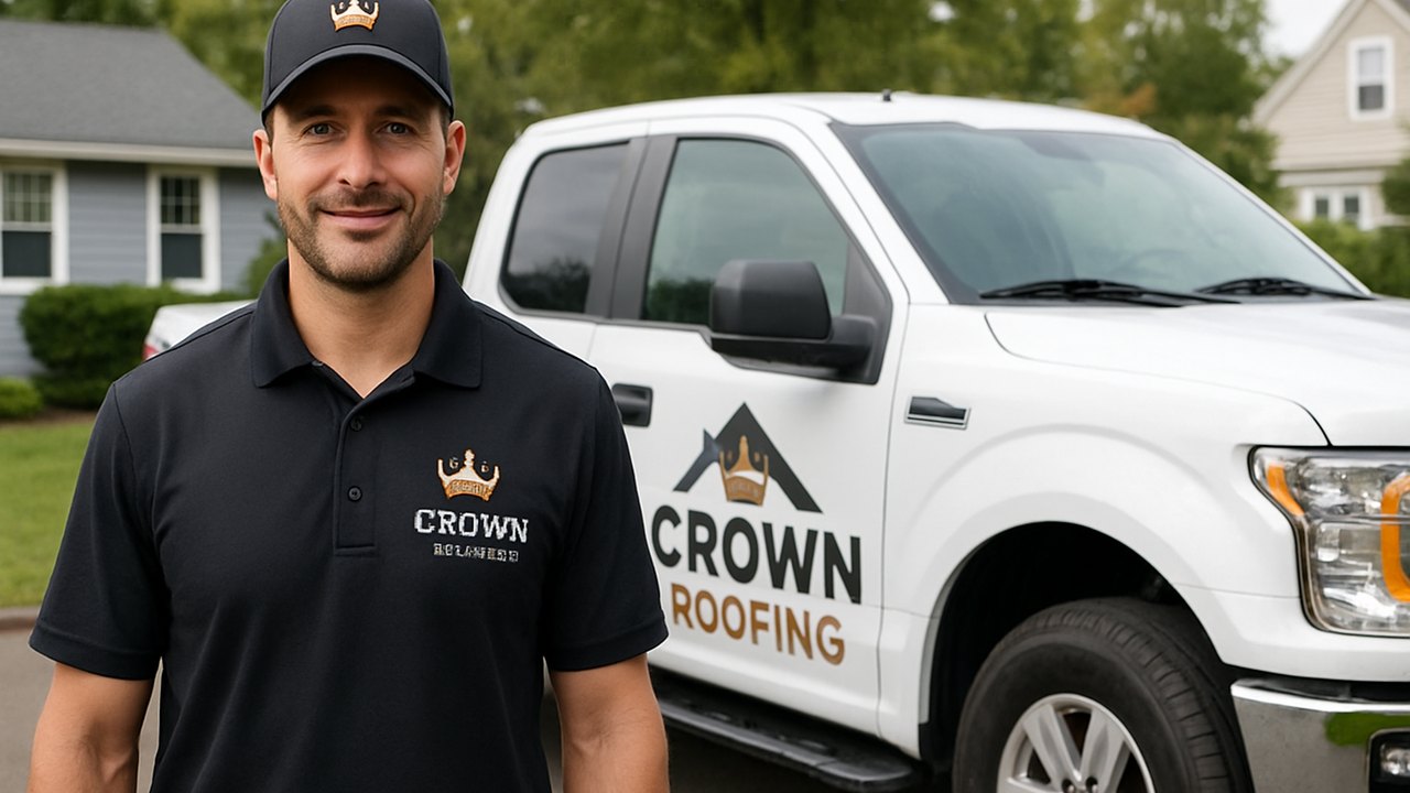 Crown Roofing & Exteriors technician in branded uniform and truck outside Connecticut condo building