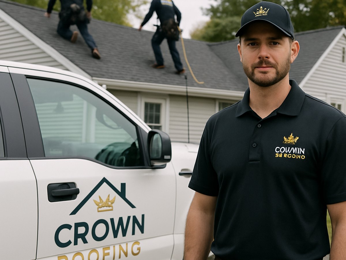 Crown Roofing & Exteriors crew reroofing condo, uniforms and branded truck visible