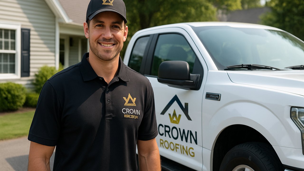 Crown Roofing & Exteriors technician inspects Connecticut roof with branded truck and uniform