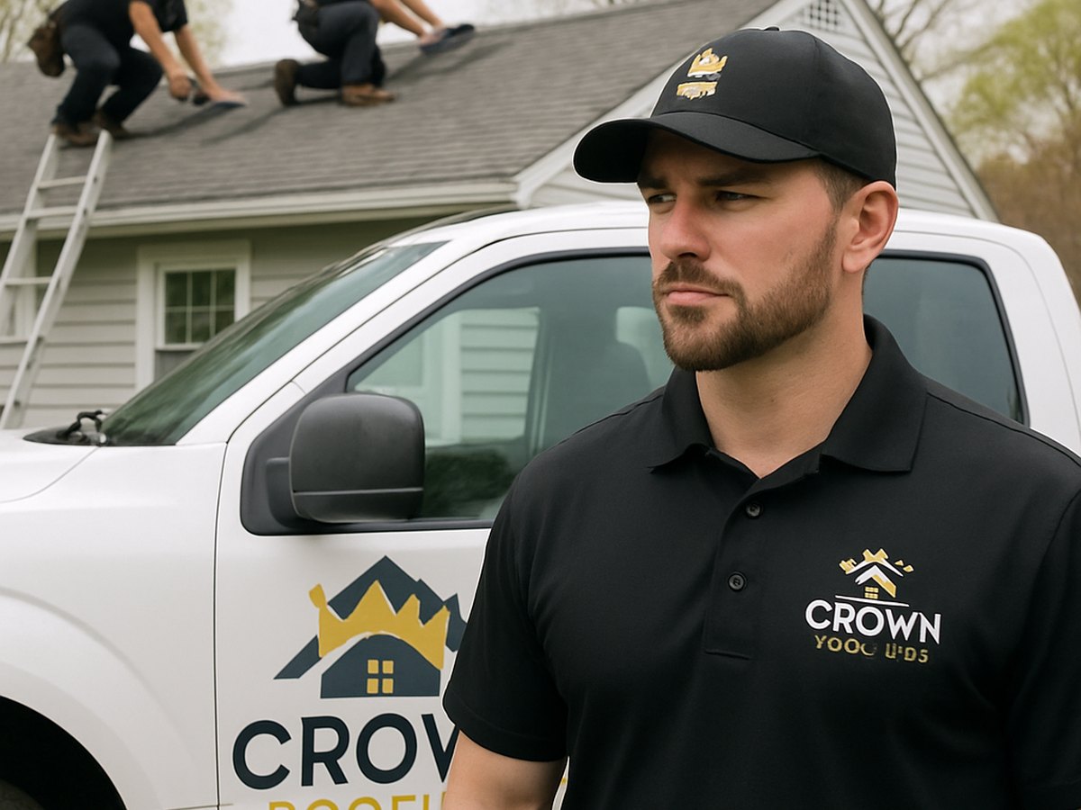 Crown Roofing & Exteriors crew repairing roof in Connecticut with house-and-crown logo clearly visible