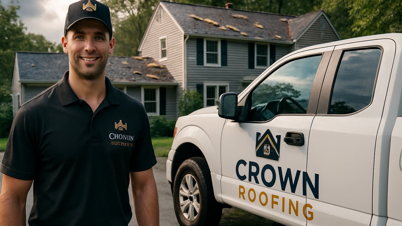 Crown Roofing & Exteriors technician and branded truck at Connecticut home after hailstorm