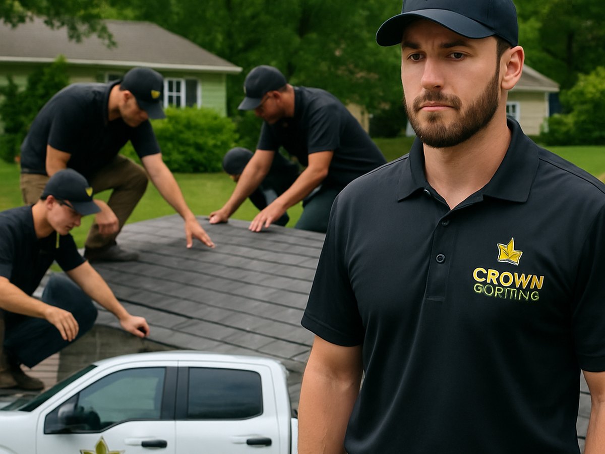 Crown Roofing & Exteriors crew inspecting roof, branded truck in driveway after hailstorm