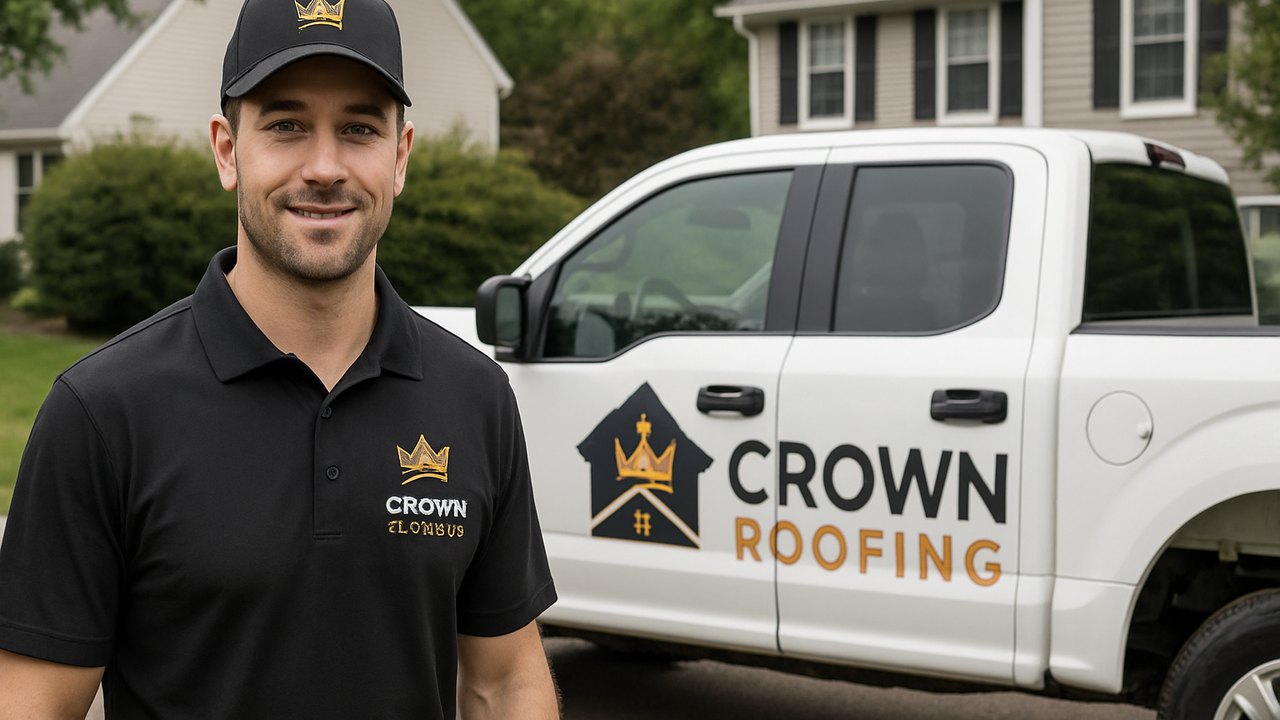 Crown Roofing & Exteriors technician in branded uniform and truck outside a Connecticut home