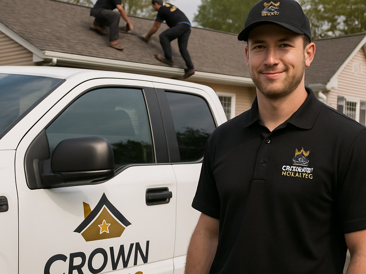 Crown Roofing & Exteriors crew repairing roof in Connecticut, branded uniforms and truck visible