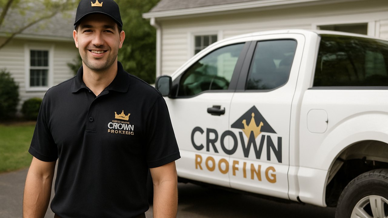 Crown Roofing & Exteriors technician in branded uniform and truck in Connecticut neighborhood