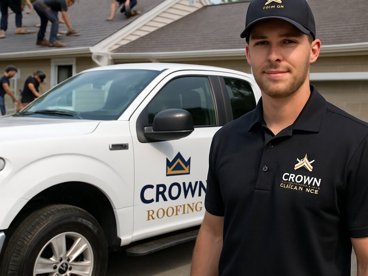 Crown Roofing & Exteriors crew working on roof with branded uniforms and truck visible