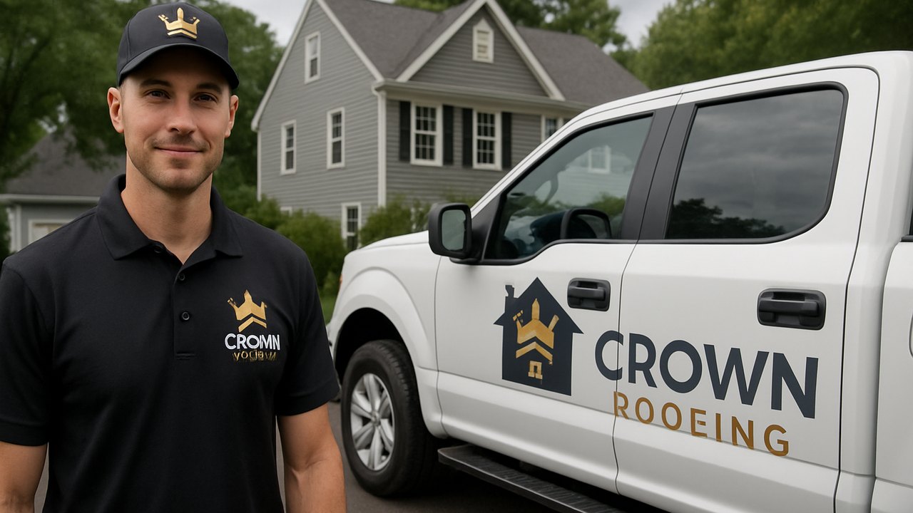 Crown Roofing & Exteriors technician and branded truck performing roof service