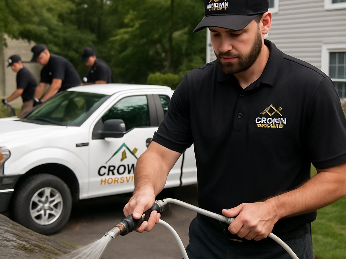 Crown Roofing & Exteriors crew safely removing moss from Connecticut roof