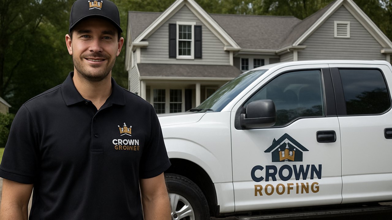 Crown Roofing & Exteriors technician in branded uniform and truck at Connecticut home