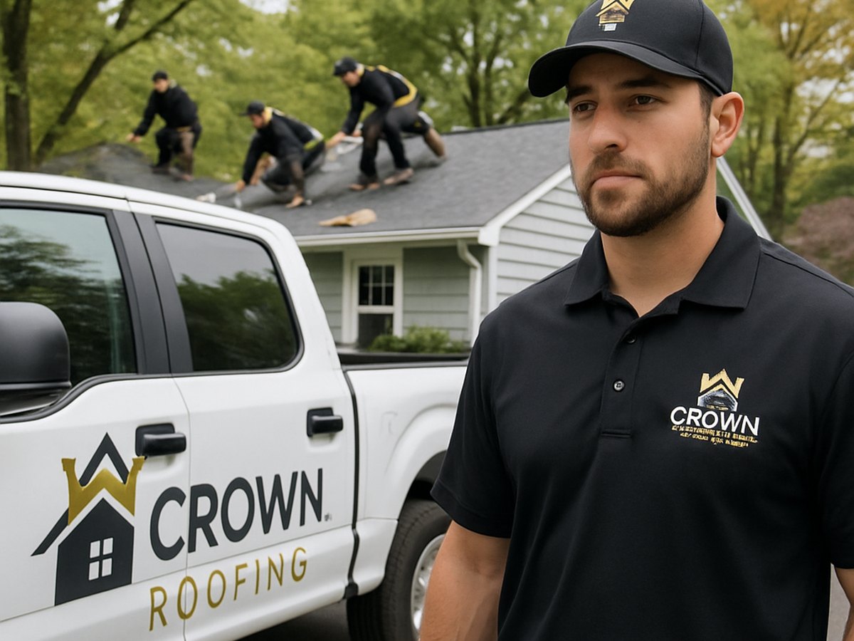 Crown Roofing & Exteriors crew repairing roof with branded truck and uniforms in Connecticut