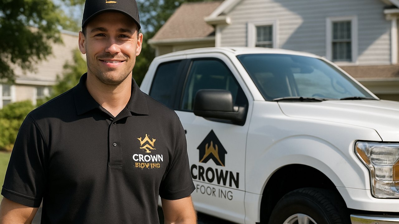 Crown Roofing & Exteriors technician in branded uniform and truck at Connecticut home