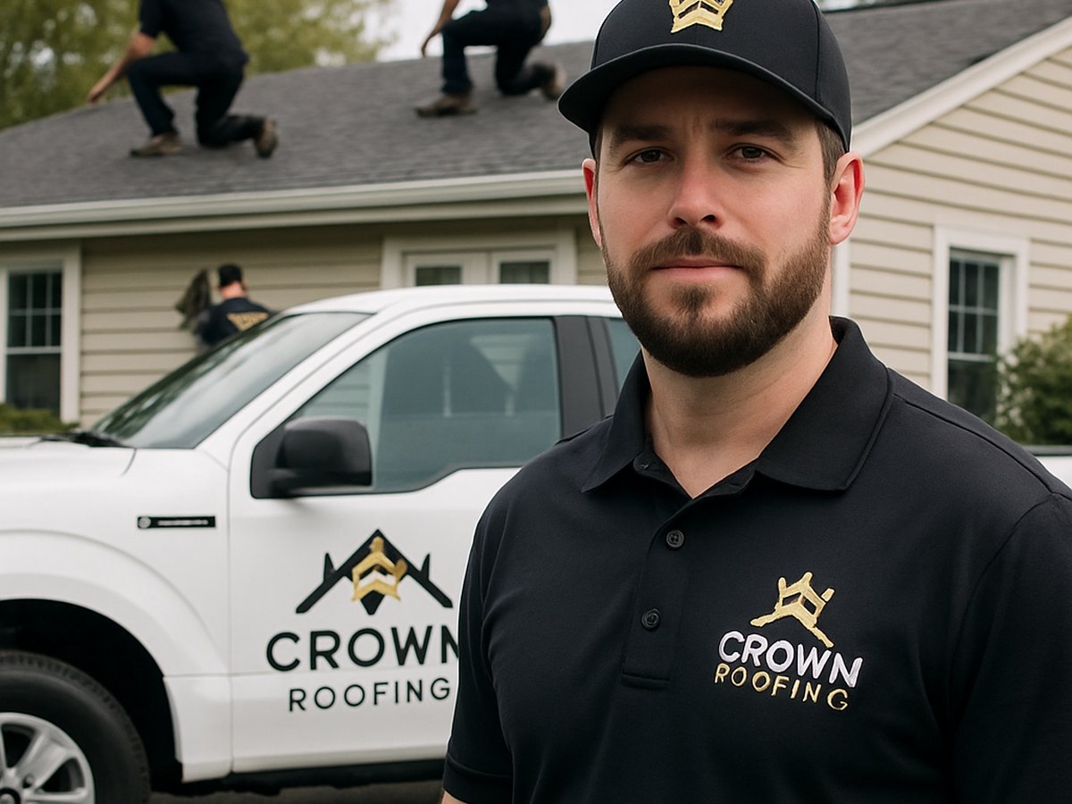 Crown Roofing & Exteriors crew repairing roof, showing company uniforms and truck
