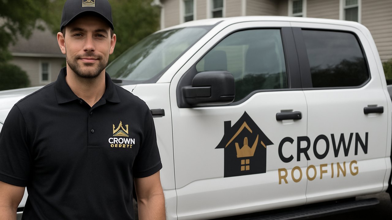 Crown Roofing & Exteriors technician in branded uniform and truck outside Connecticut home