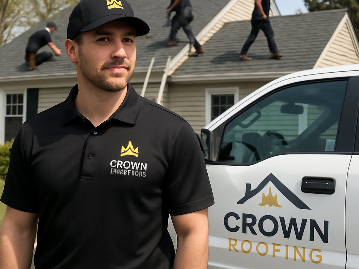 Crown Roofing & Exteriors crew installing roof in Connecticut with branded uniforms and truck