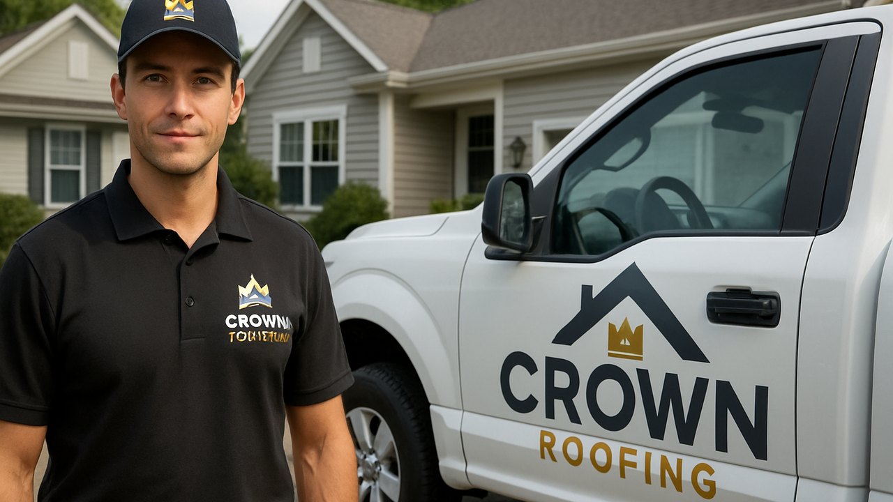 Crown Roofing & Exteriors technician inspects Connecticut roof next to branded white truck