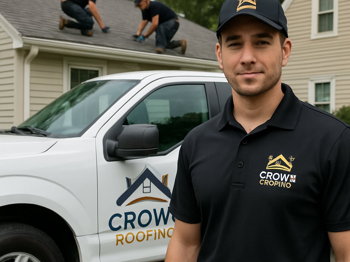 Crown Roofing & Exteriors crew working on Connecticut roof with logo uniforms and truck