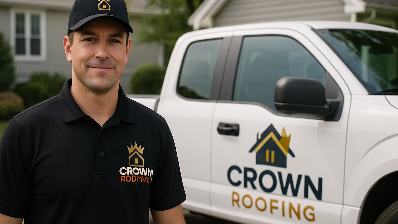 Crown Roofing & Exteriors technician in branded uniform and truck at Connecticut home
