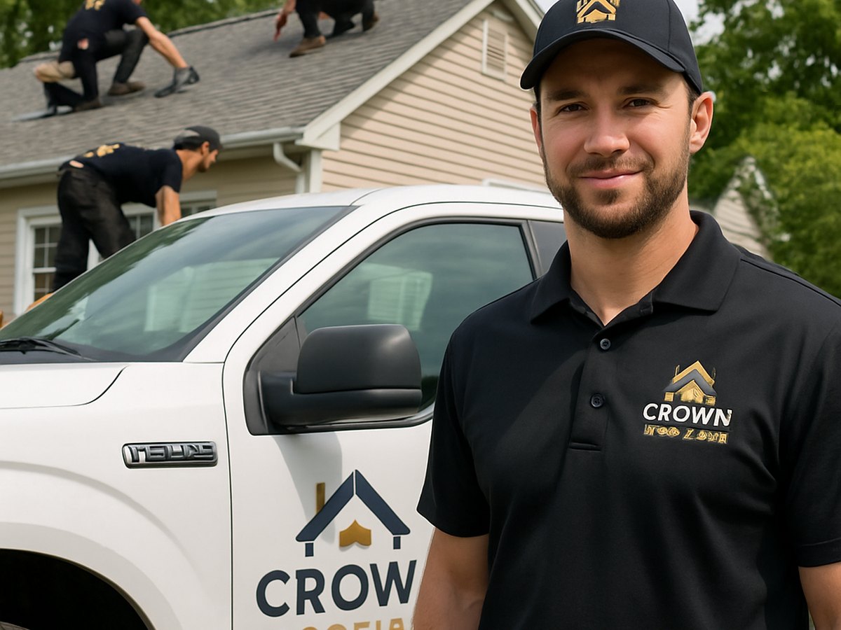 Crown Roofing & Exteriors crew installing roof flashing with branded truck visible